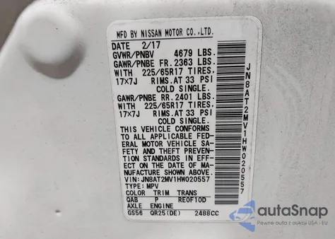 2017 Nissan Rogue Sv из США, поврежденный, VIN JN8AT2MV1HW020557